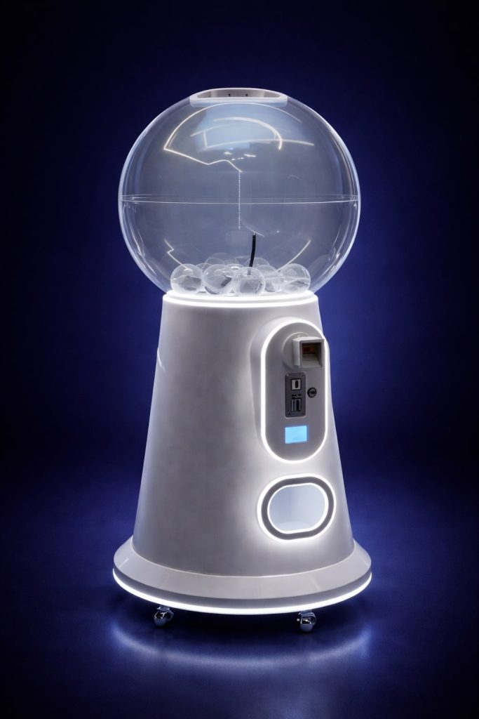 מכונת כדורים ענקית ומוארת בצבע לבן להגרלות באירועים עסקיים