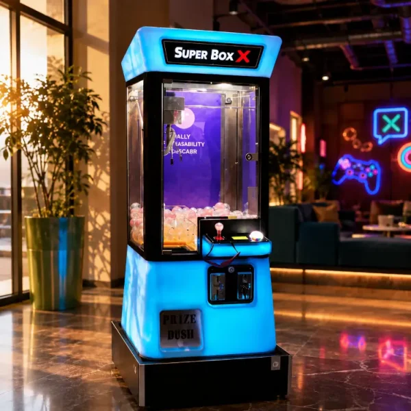 מכונת משחק מנוף בובות (Claw Machine) מוארת בלד כחול, מוצבת בביתן בכנס עסקי