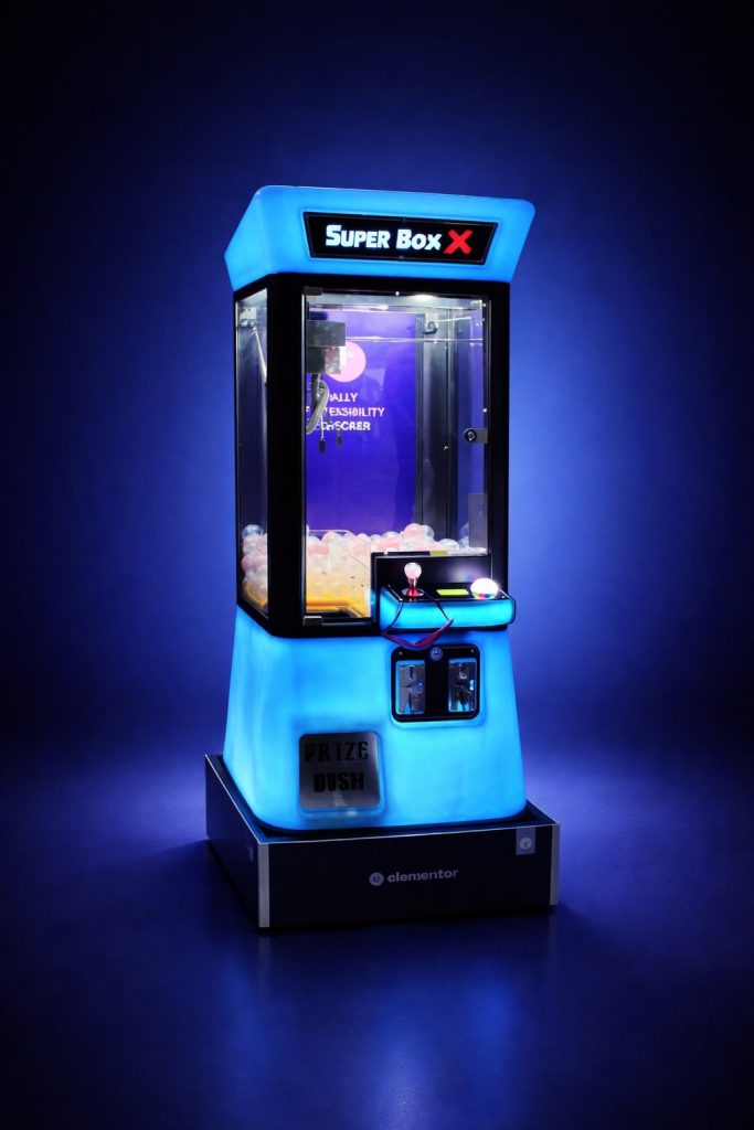 מכונת משחק מנוף בובות (Claw Machine) מוארת בלד כחול, מוצבת בביתן בכנס עסקי